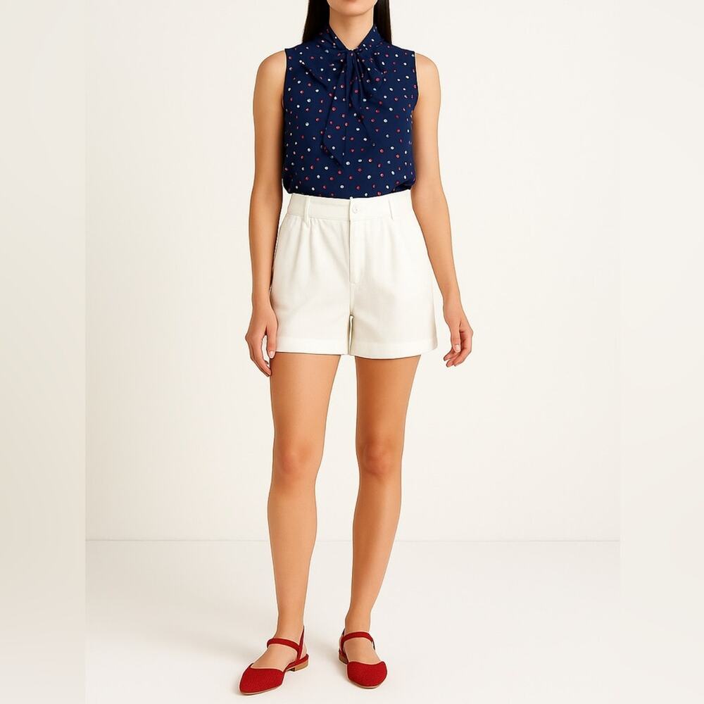 ANNE KLEIN Sleeveless Bow Neck Blouse | Size 8 | Navy Polka Dot | Feminine Retro